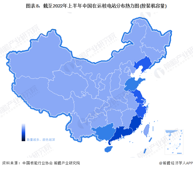 图表8：截至2022年上半年中国在运核电站分布热力图(按装机容量)