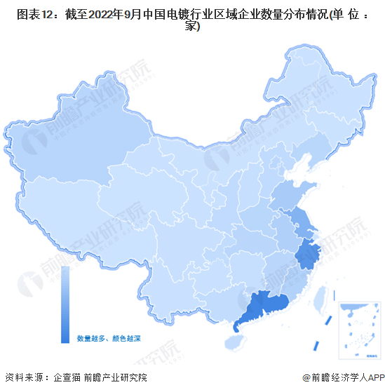 图表12：截至2022年9月中国电镀行业区域企业数量分布情况(单位：家)