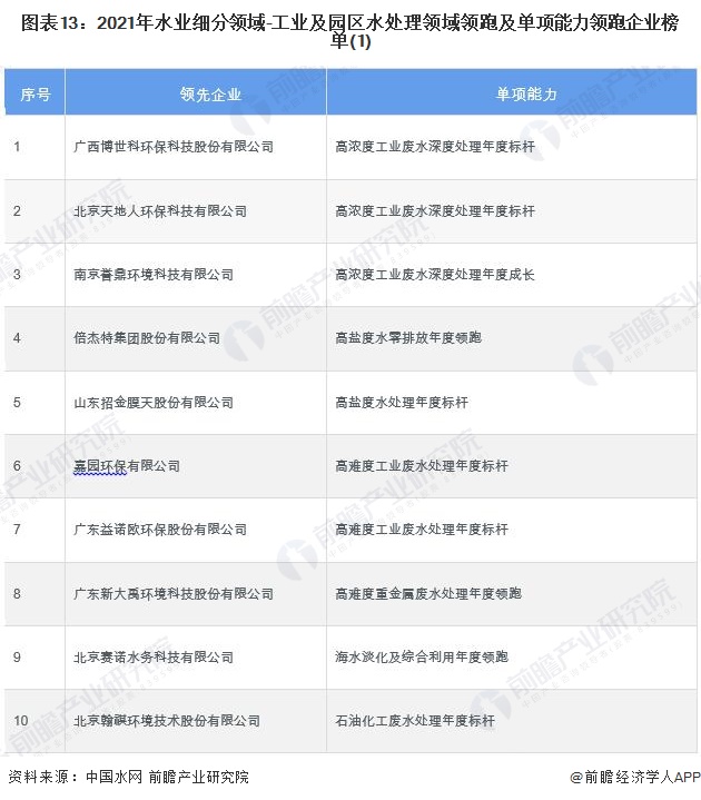 图表13：2021年水业细分领域-工业及园区水处理领域领跑及单项能力领跑企业榜单(1)