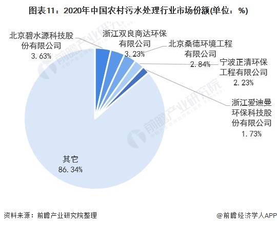 图表11：2020年中国农村污水处理行业市场份额(单位：%)