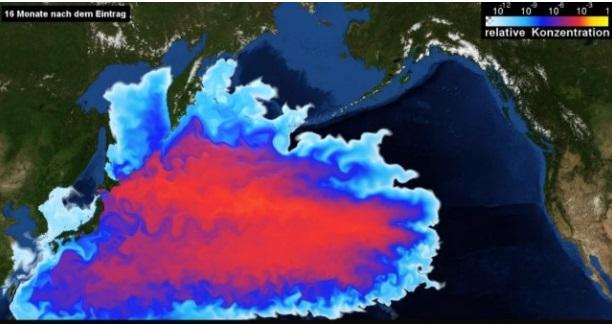 德国海洋科学研究机构基尔亥姆霍兹海洋研究中心GEOMAR对核废水扩散速度和影响的模拟效果图。图片来源：GEOMAR官网