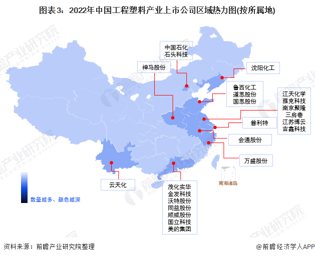 图表3：2022年中国工程塑料产业上市公司区域热力图(按所属地)