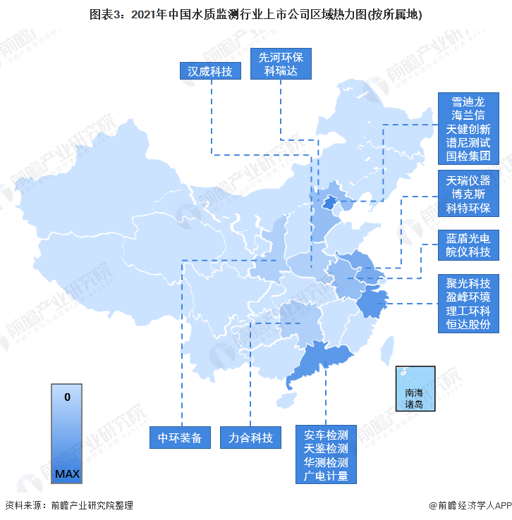 图表3：2021年中国水质监测行业上市公司区域热力图(按所属地)